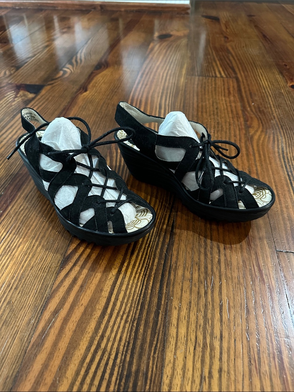 Fly London Black Suede Lace-Up Wedge Sandals